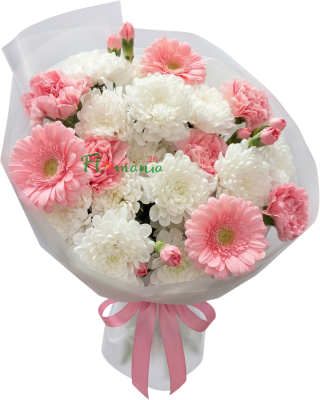 Букет из гербер, гвоздик и хризантем «Розовый антистресс»